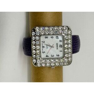 Geneva Elite 1182 Purple Lizard Texture Rhinestone Square Cuff Bangle Watch Mens